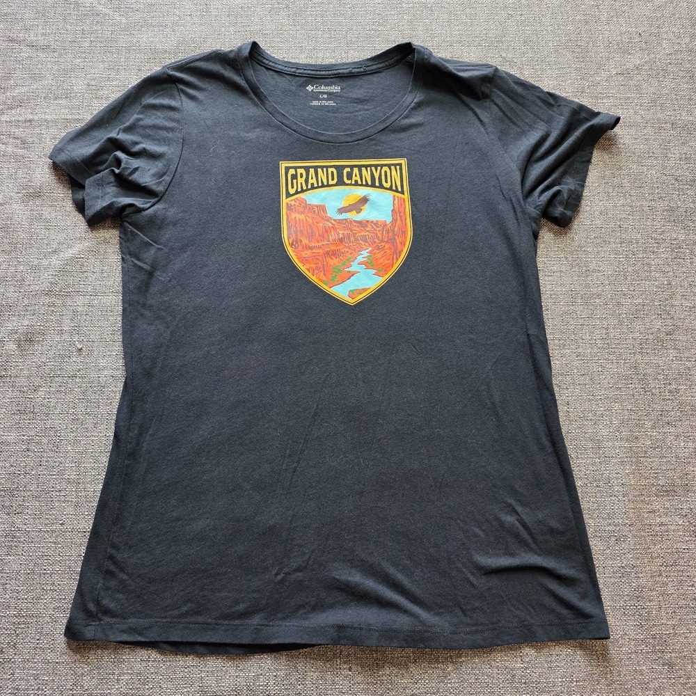 Columbia Top Womens Large Black Grand Canyon Graphic T Shirt Short Sleeve Crew